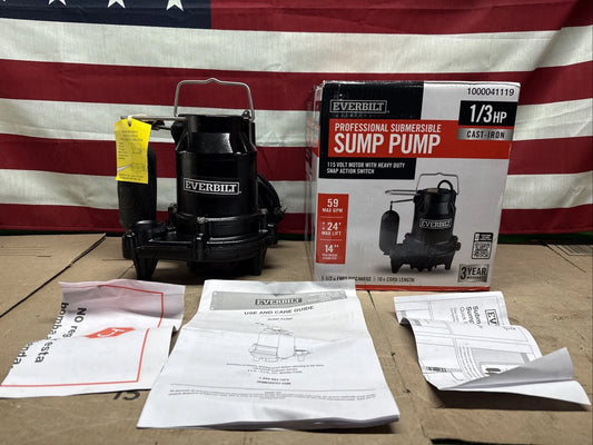 Everbilt 1/3 HP Cast Iron Submersible Sump Pump HDS30 NEW OB