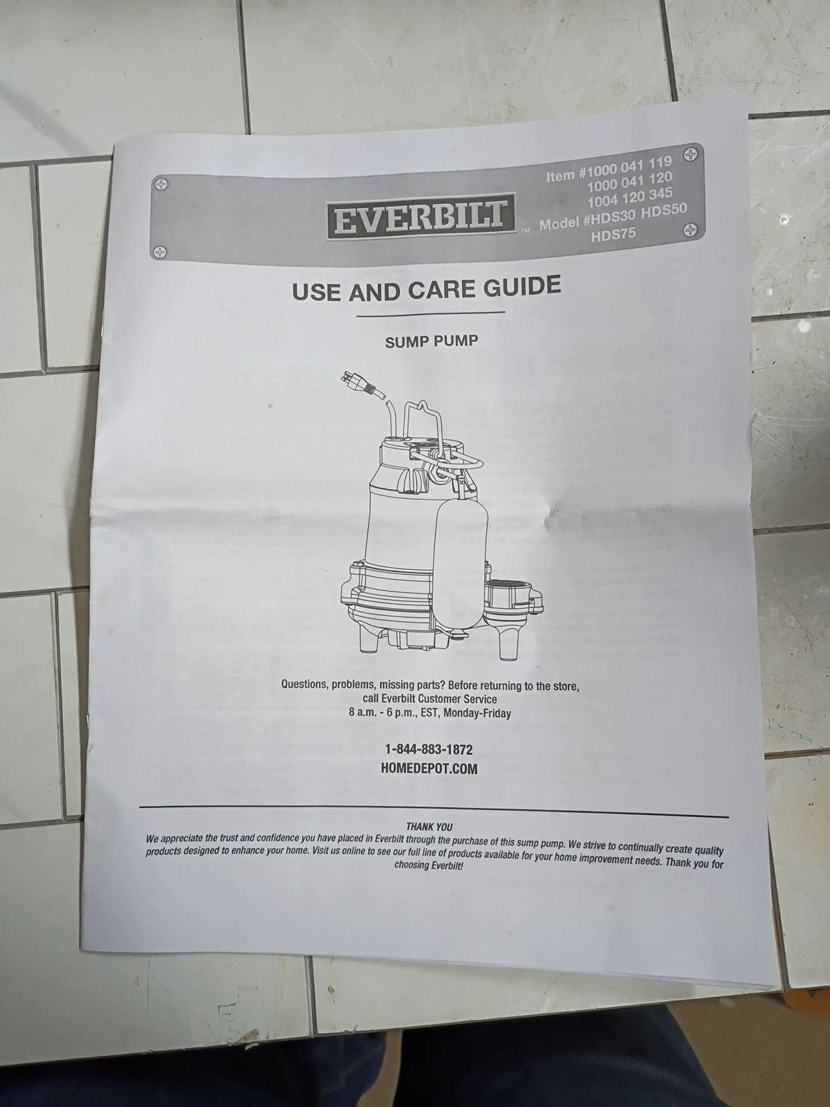 Everbilt HDS50 1/2 HP Cast Iron Sump Pump Model OPEN BOX.