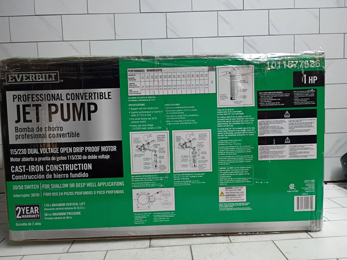 Everbilt HDCWJ10 1 HP Professional Convertible Jet Pump. NEW OPEN BOX