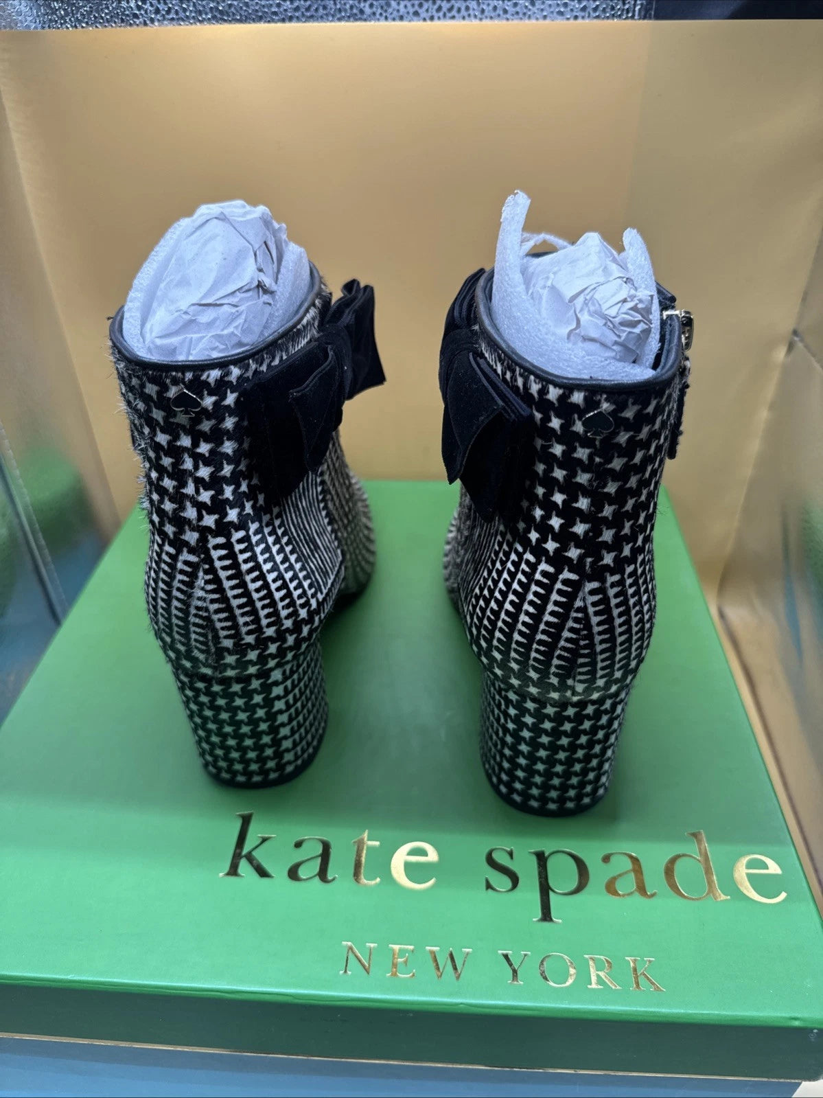 Kate Spade Holly Houndstooth Black White Bow Block Heel Ankle Boots size 7M