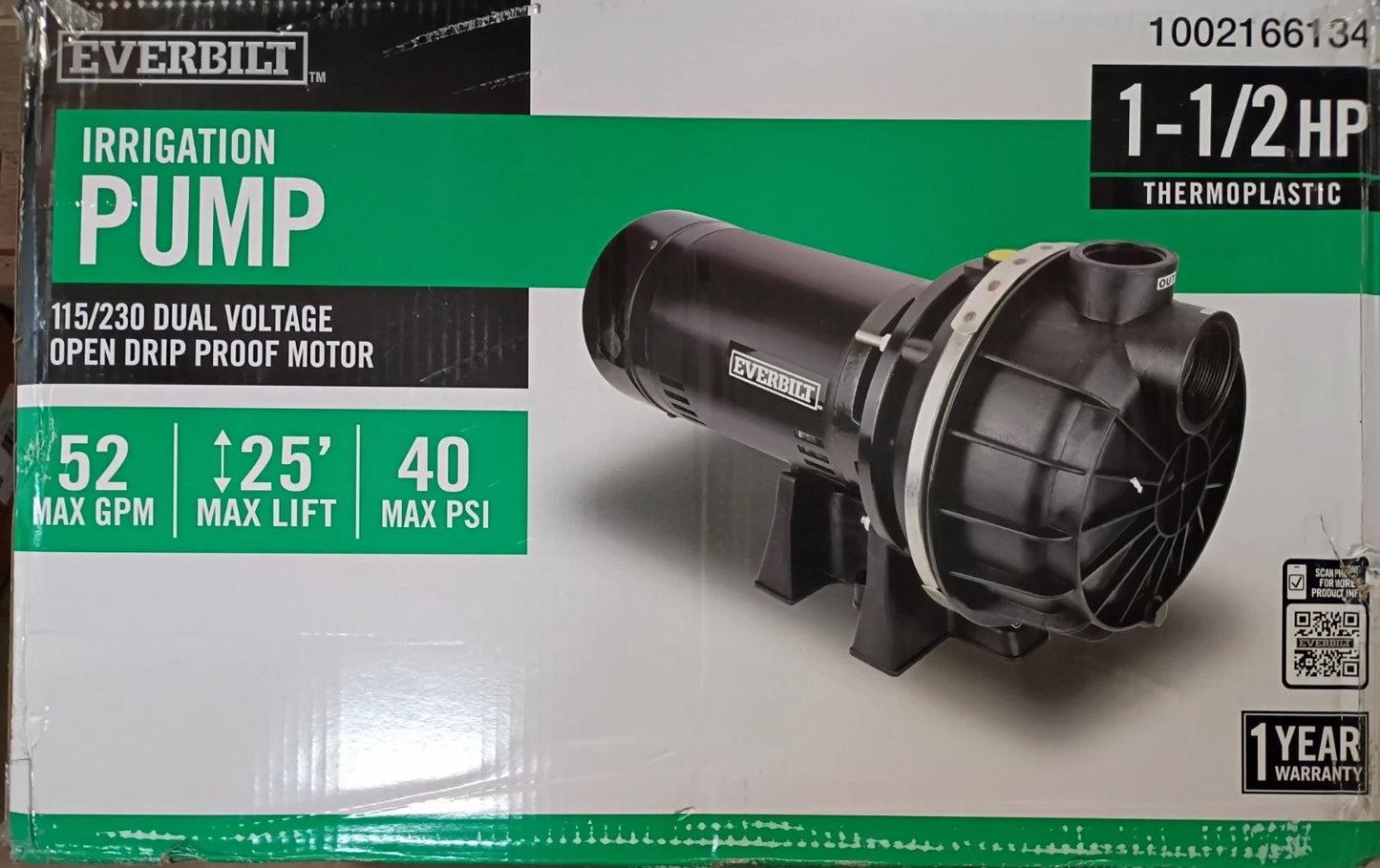 Everbilt Lawn Irrigation Pump Plastic 1-1/2HP HDLS15P Open Box