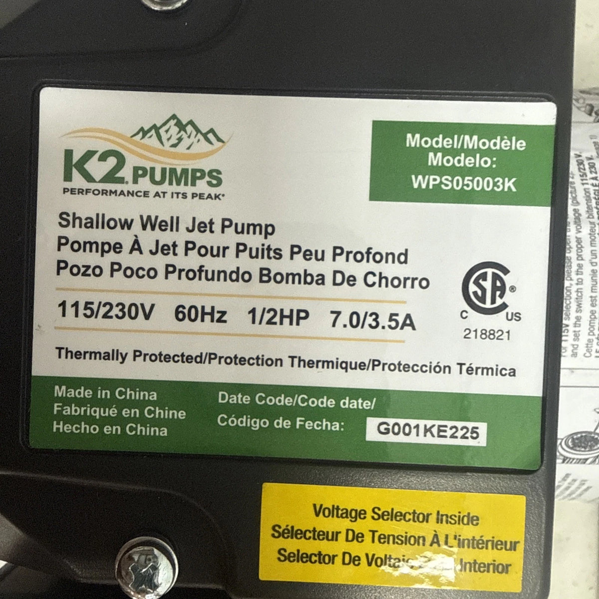 K2 Pumps Shallow Well Jet Pump 1/2HP Lead Free Thermoplastic 115/230V OPEN BOX