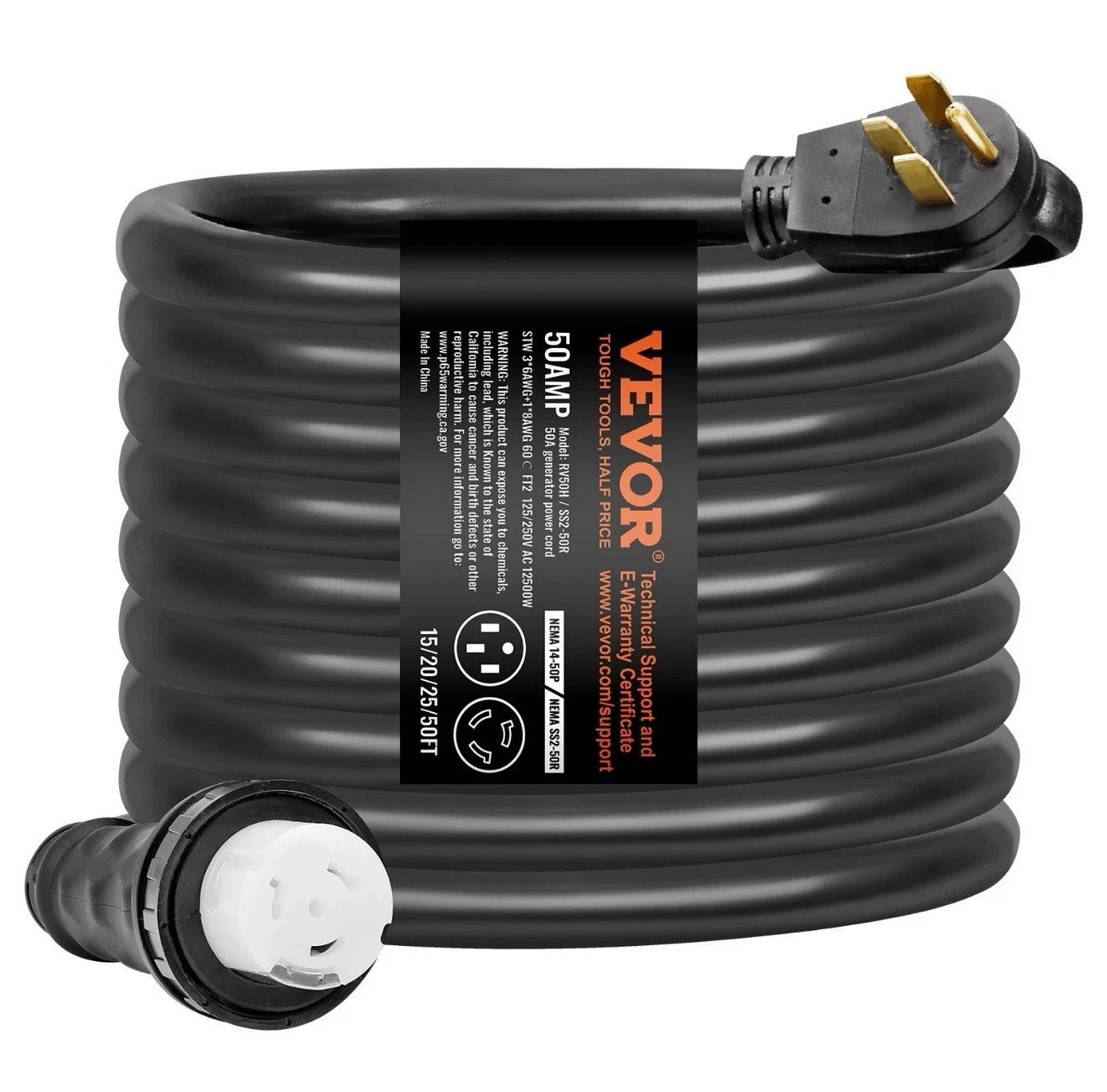 VEVOR 50 Amp Generator Cord and Power Inlet Box 50FT NEMA 14-50P/SS2-50R STW