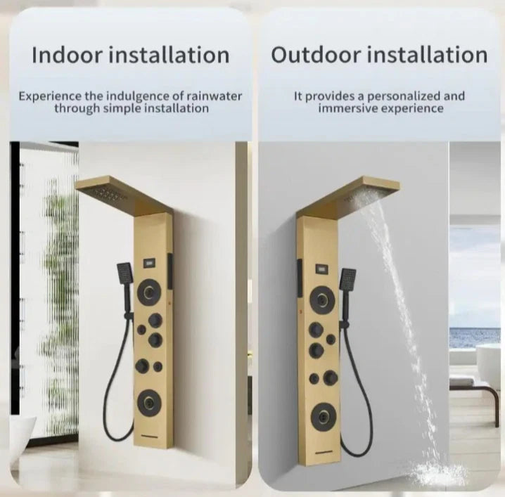 4Jet Rainfall Shower Panel System with Rainfall Waterfall Shower Head Black Gold