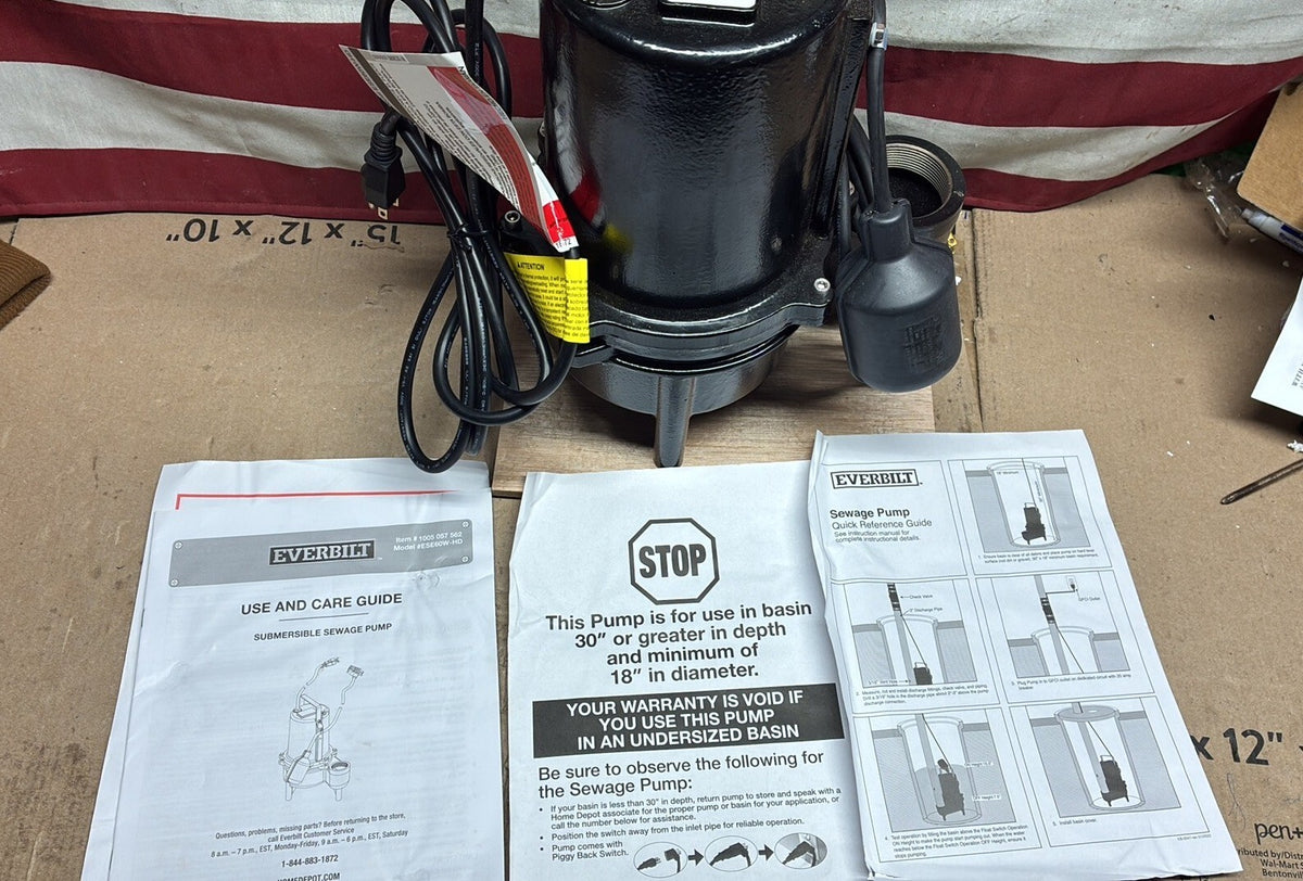 Everbilt ESE60W-HD 3/4 HP 8400 GPM Sewage Ejector Pump, Black
