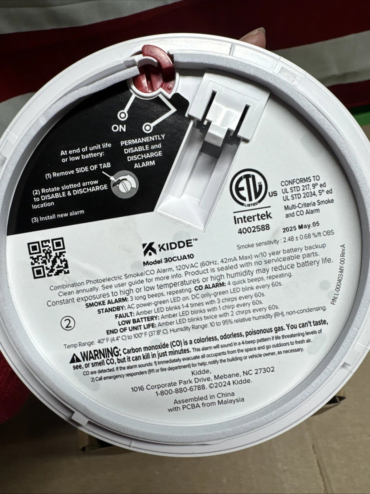 Kidde Combination Photoelectric Smoke & Carbon Monoxide Alarm 30CUA10