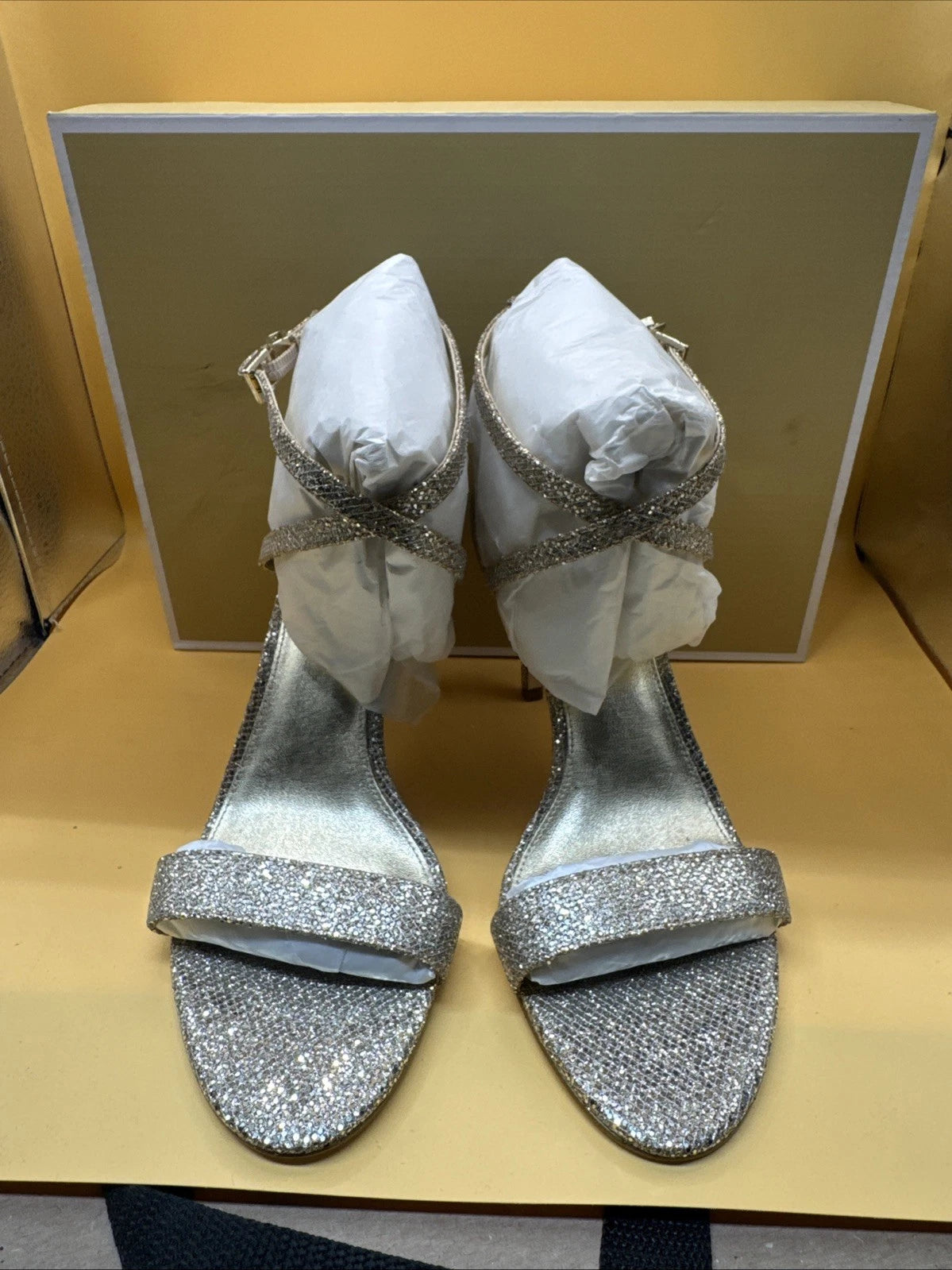 NWB MICHAEL KORS AVA MID SANDAL GLITTER MESH GOLD WOMEN Size 7M