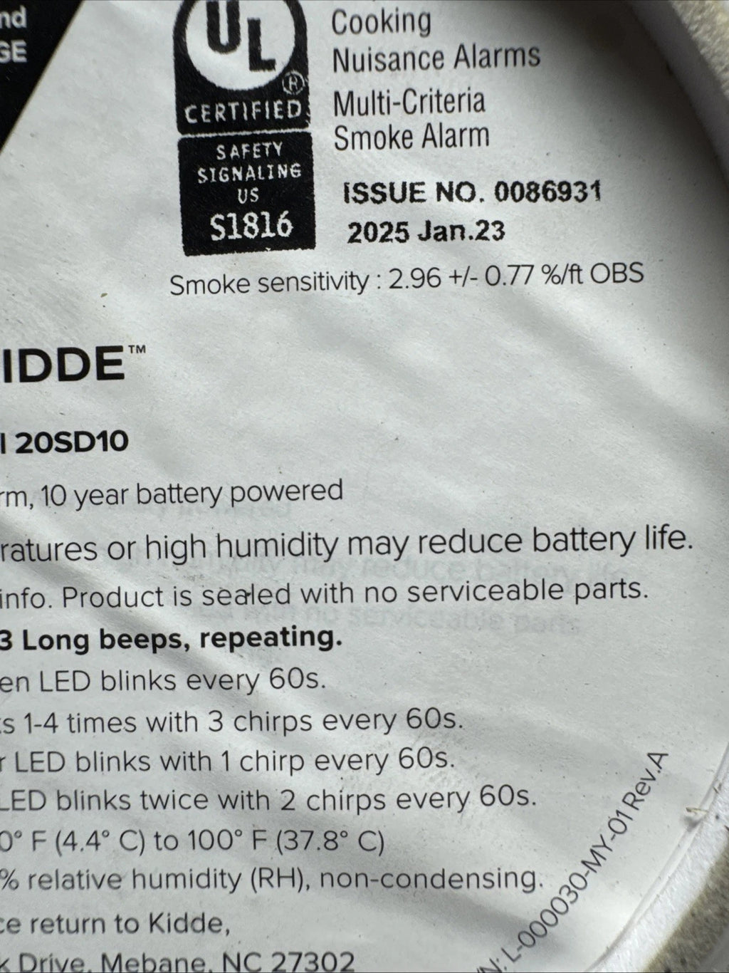 Kidde Detect Smoke Alarm Model 20SD10 10 Year Battery