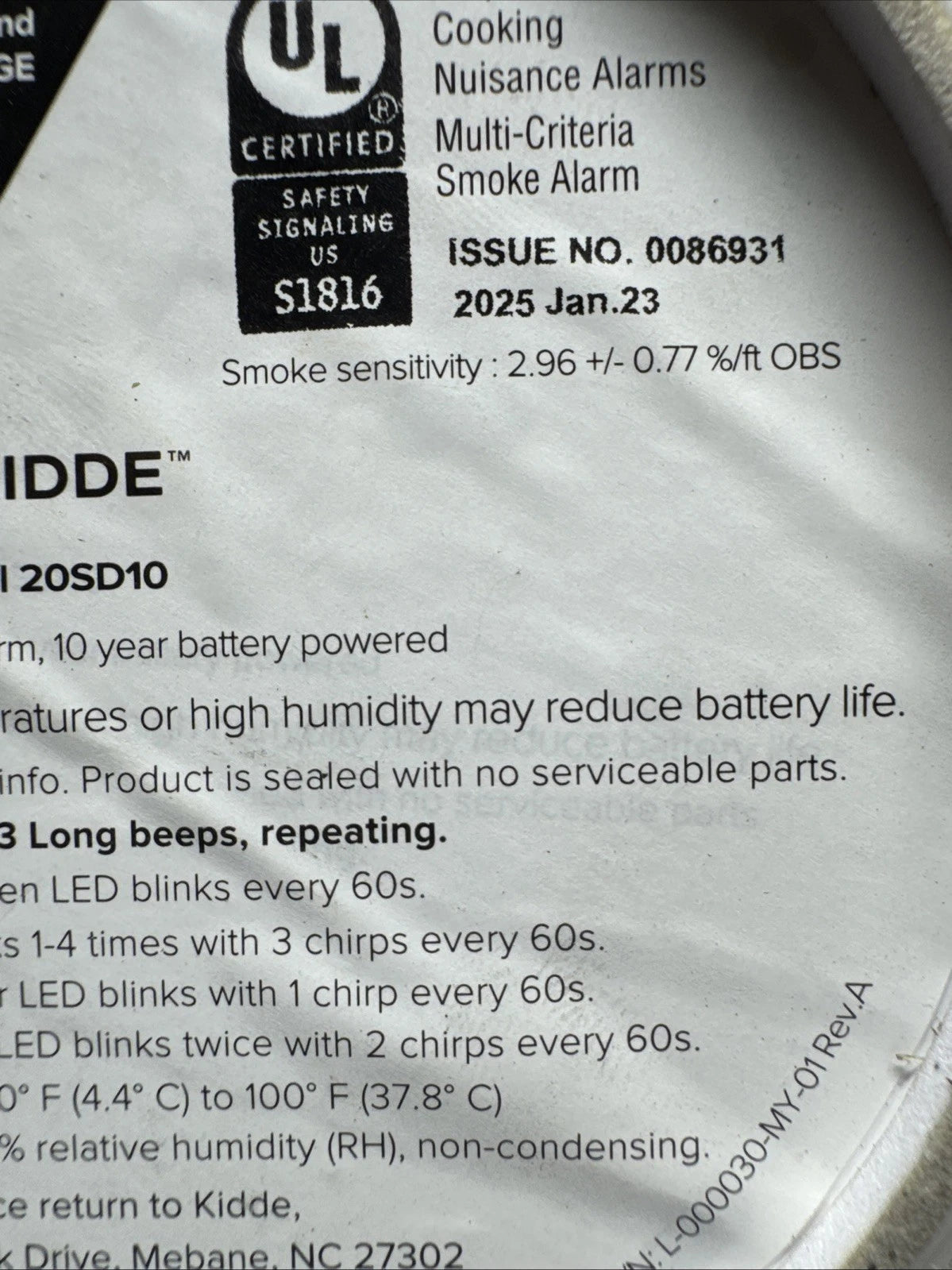 Kidde Detect Smoke Alarm Model 20SD10 10 Year Battery