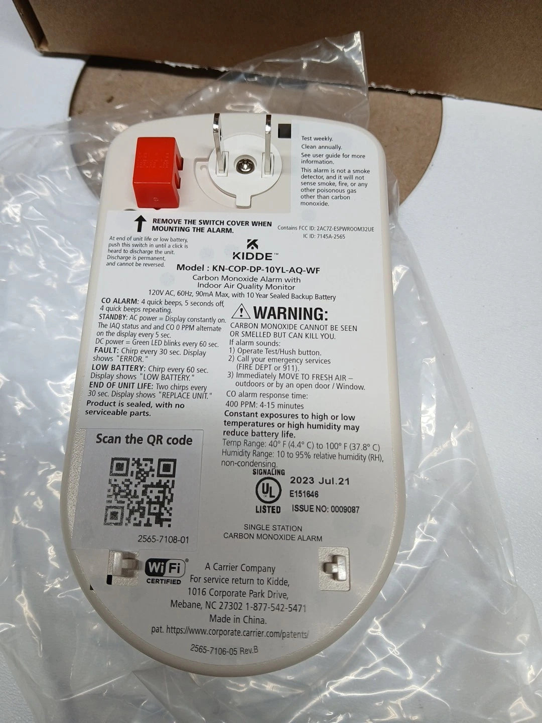 Kidde Carbon Monoxide Alarm with Indoor Air Quality Monitor KN-COP-DP-10YL-AQ-WF