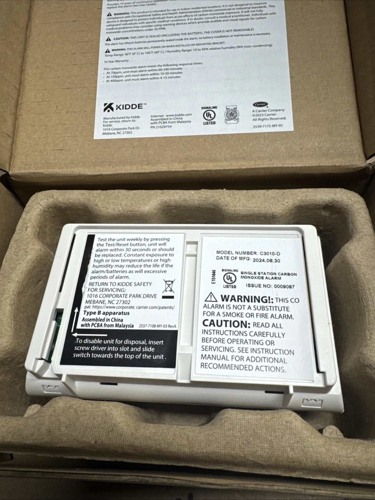 Kidde Carbon Monoxide Detector with 10-Year Battery, Digital Display, NOB