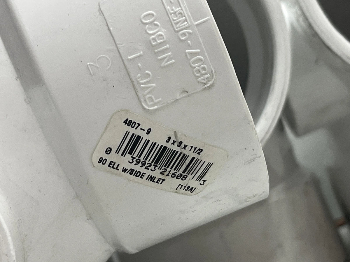 7pk- NIBCO K068300 3” x 3” x 1-1/2" PVC DWV 90° Hub Side Inlet Elbow Fitting