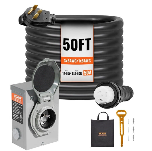 VEVOR 50 Amp Generator Cord and Power Inlet Box 50FT NEMA 14-50P/SS2-50R STW