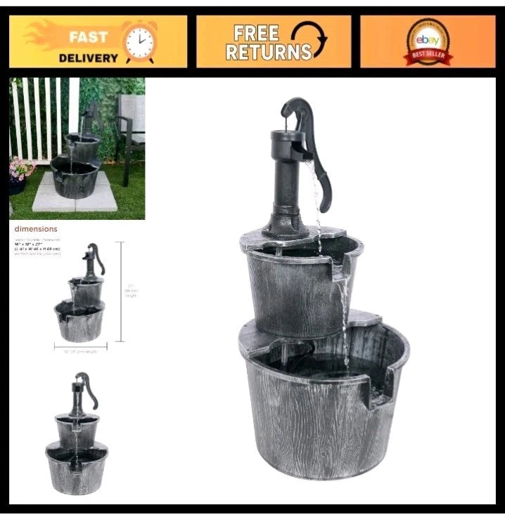 27" Rustic Outdoor 2-Tier Barrel Pump Water Fountain Soothing Cascading Water OB