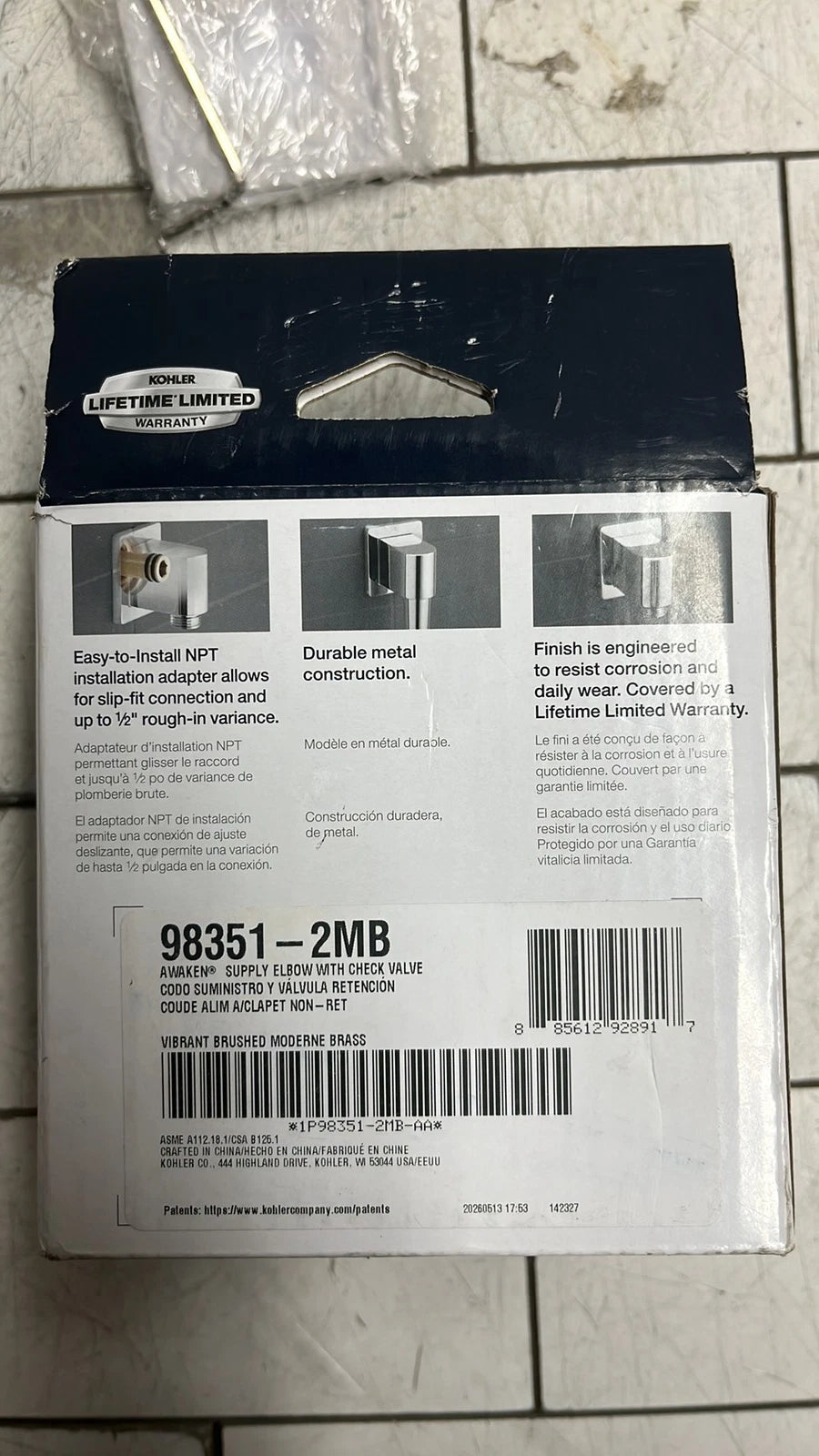 Kohler 98351-2MB Supply Elbow 1/2" Brass Check Valve-modern Brass open box