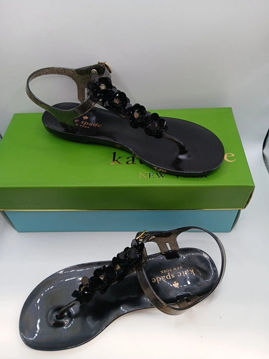 Kate Spade Black Sandals Women Size 5m Thong Style With Flower Detail