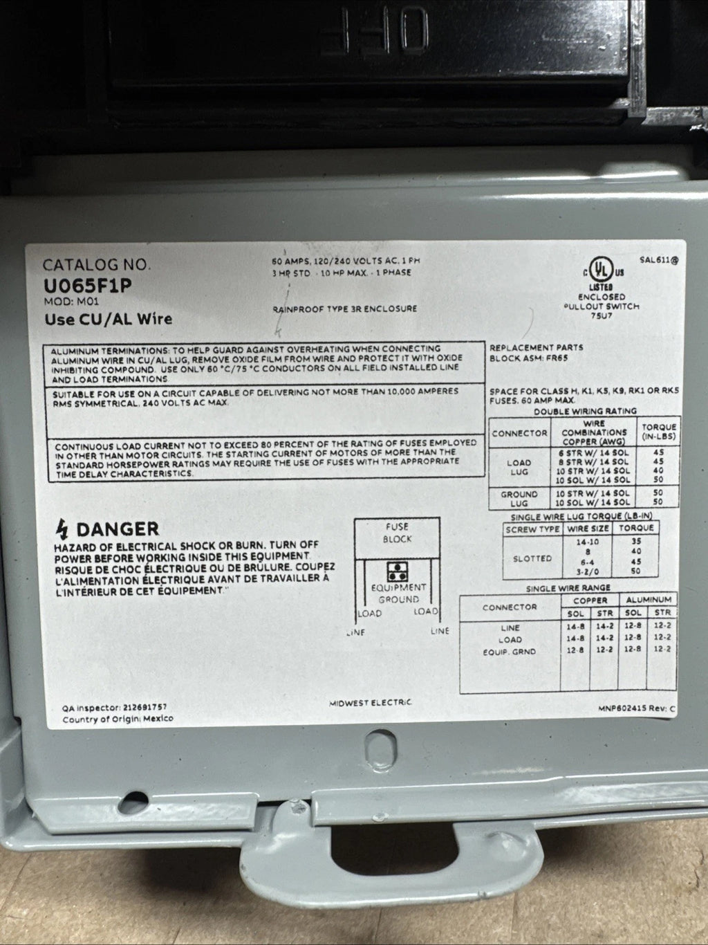 Midwest Electric Products 60 Amp 240 Volt Fused AC Disconnect Model U065F1P