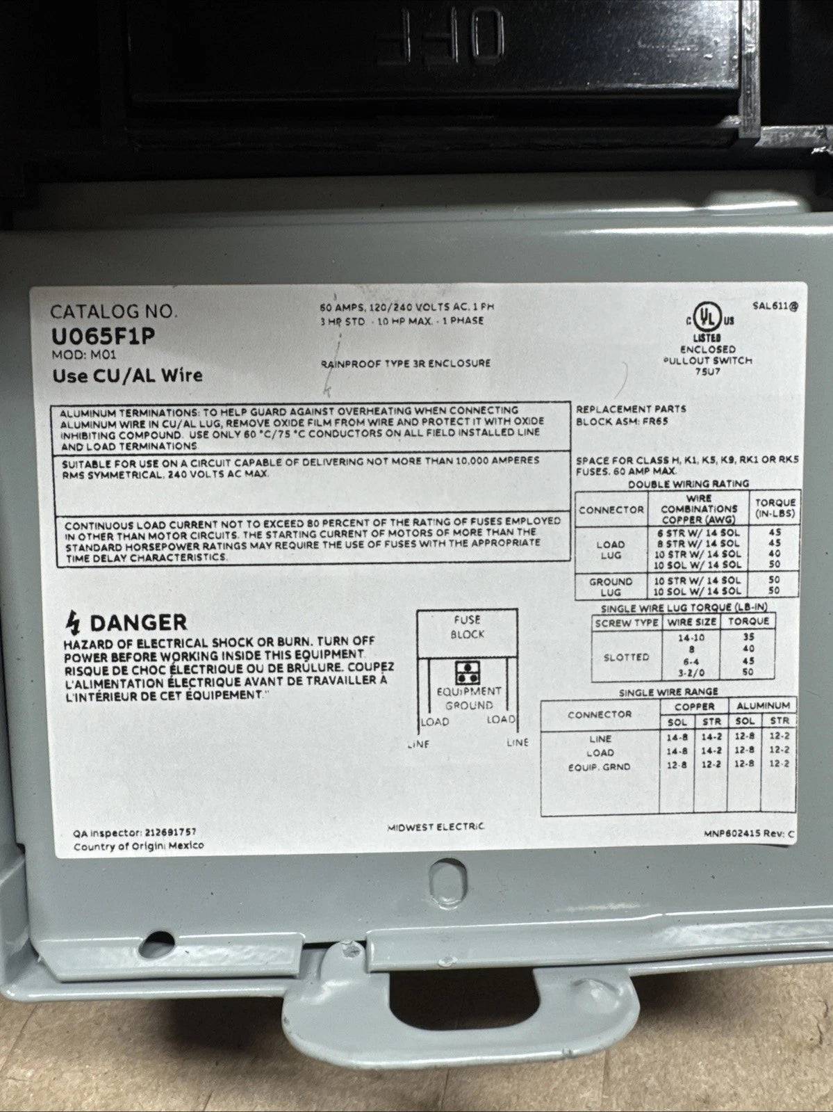 Midwest Electric Products 60 Amp 240 Volt Fused AC Disconnect Model U065F1P