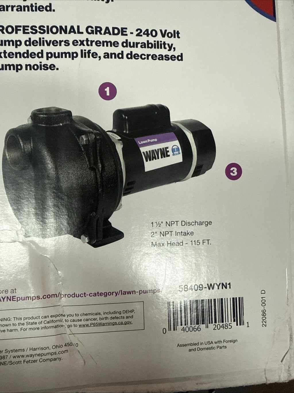 Wayne 58409-WYN1, 2 HP Permanent Lawn Irrigation Sprinkler Pump Open Box