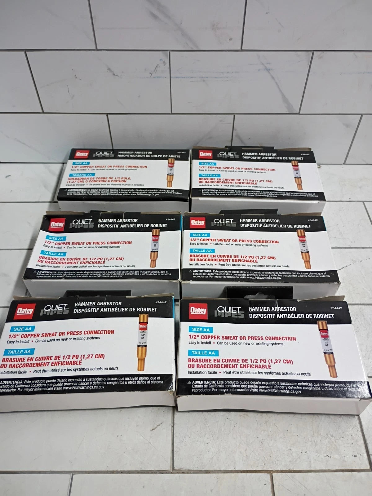 6Pk Oatey Quiet Pipes SWT/Press AA Straight Hammer Arrestor 1/2" Male 34442