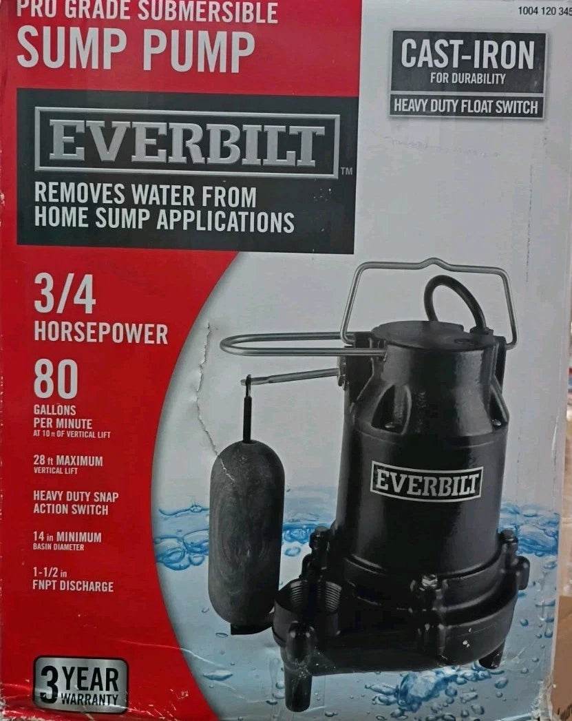 Everbilt 3/4HP Cast-Iron Pro-Grade Submersible Sump Pump 1004 120 345 Used
