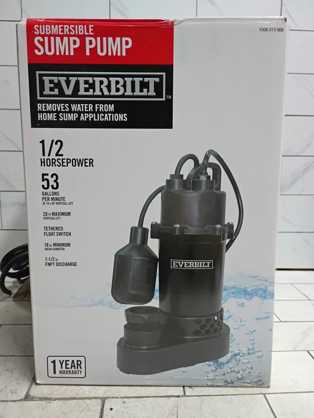 Everbilt HDSP50W 1/2 HP Submersible Aluminum Sump Pump with Tethered Switch, OB