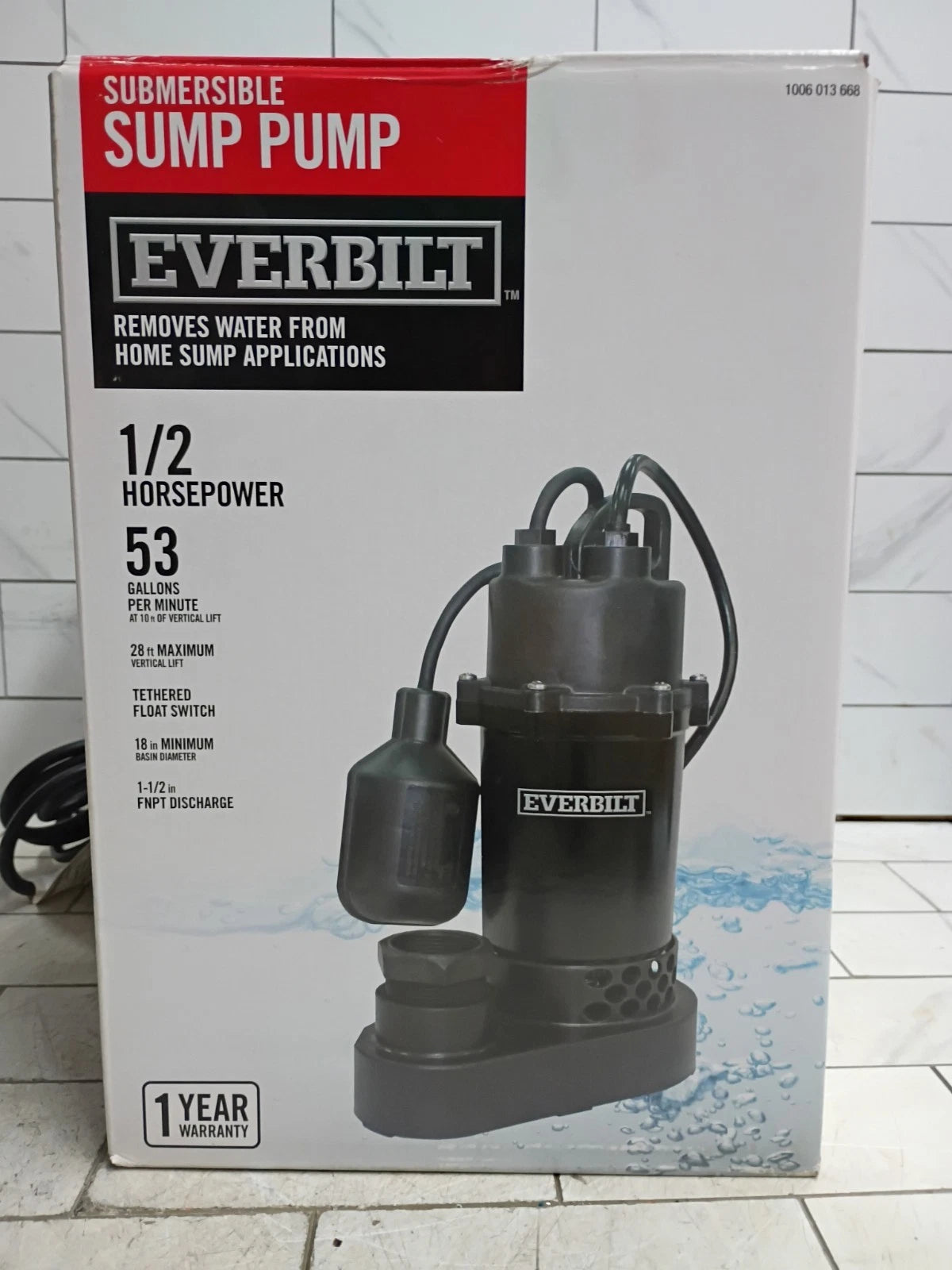 Everbilt HDSP50W 1/2 HP Submersible Aluminum Sump Pump with Tethered Switch, OB