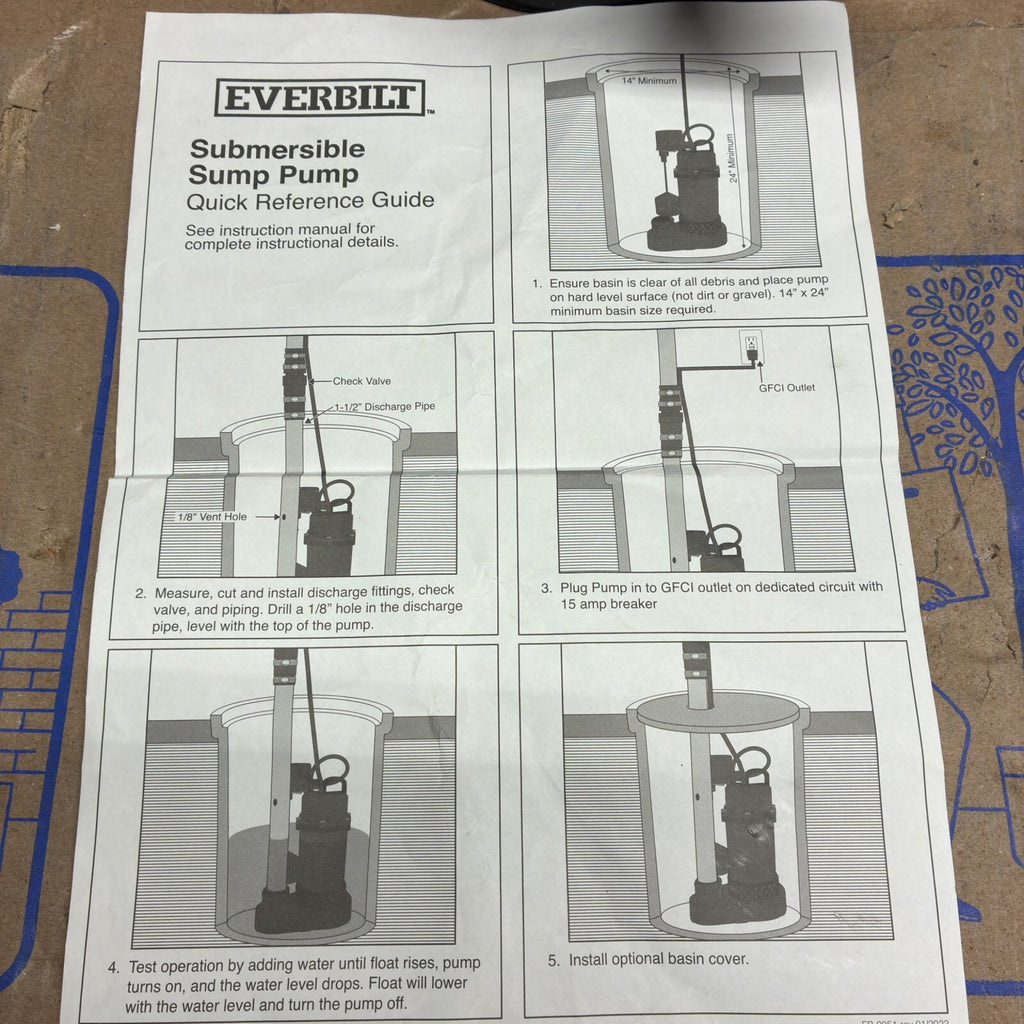 HDSP33V Everbilt 1/3 HP Aluminum Sump Pump Submersible  Vertical Switch Open Box