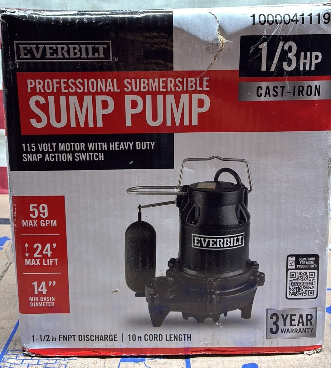 Everbilt HDS30 - 1/3 HP Cast Iron Submersible Sump Pump New Open Box