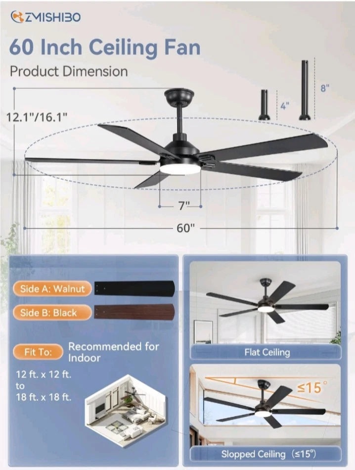 ZMISHIBO 60 Ceiling Fans with Lights Black Modern Ceiling Fan with Remote