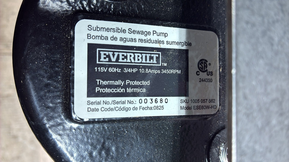 Everbilt ESE60W-HD 3/4 HP 8400 GPM Sewage Ejector Pump, Black