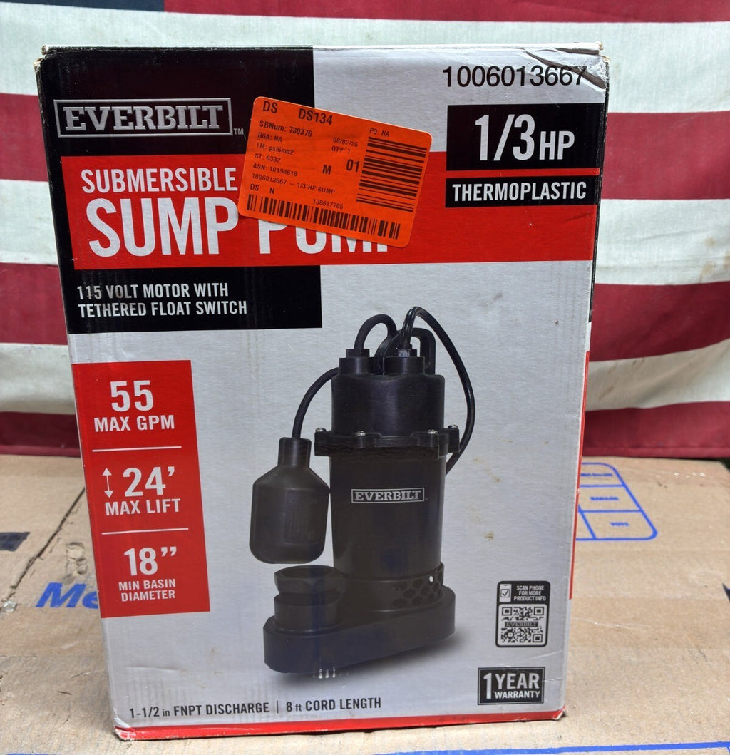 Everbilt 1/3 HP Corrosion Resistant Aluminum Sump Pump w/ Tether Float Switch OB