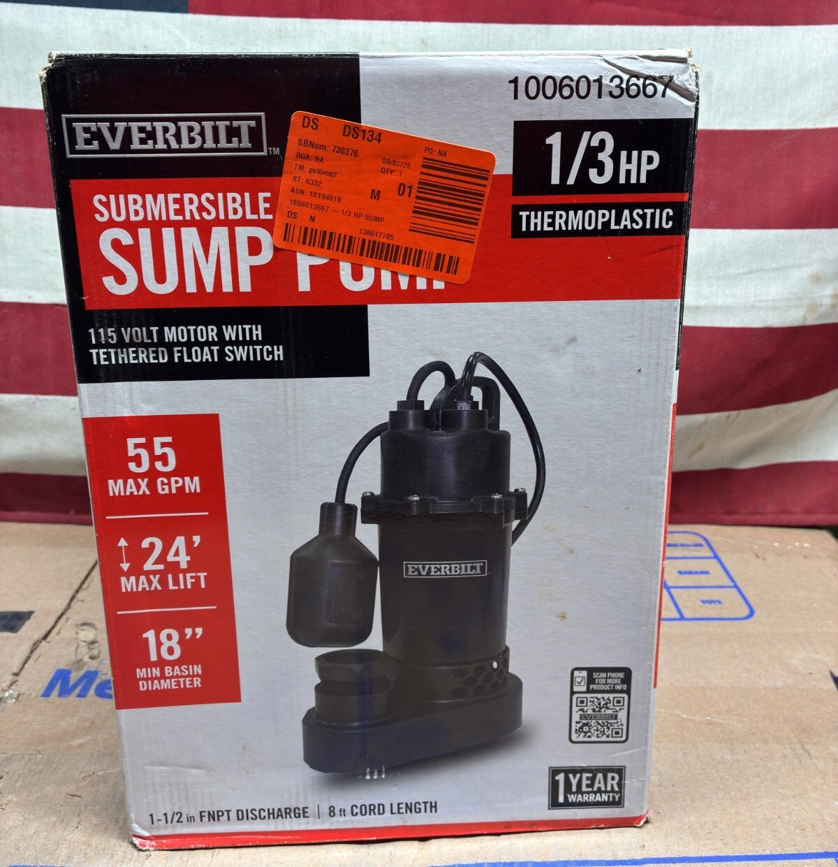 Everbilt 1/3 HP Corrosion Resistant Aluminum Sump Pump w/ Tether Float Switch OB