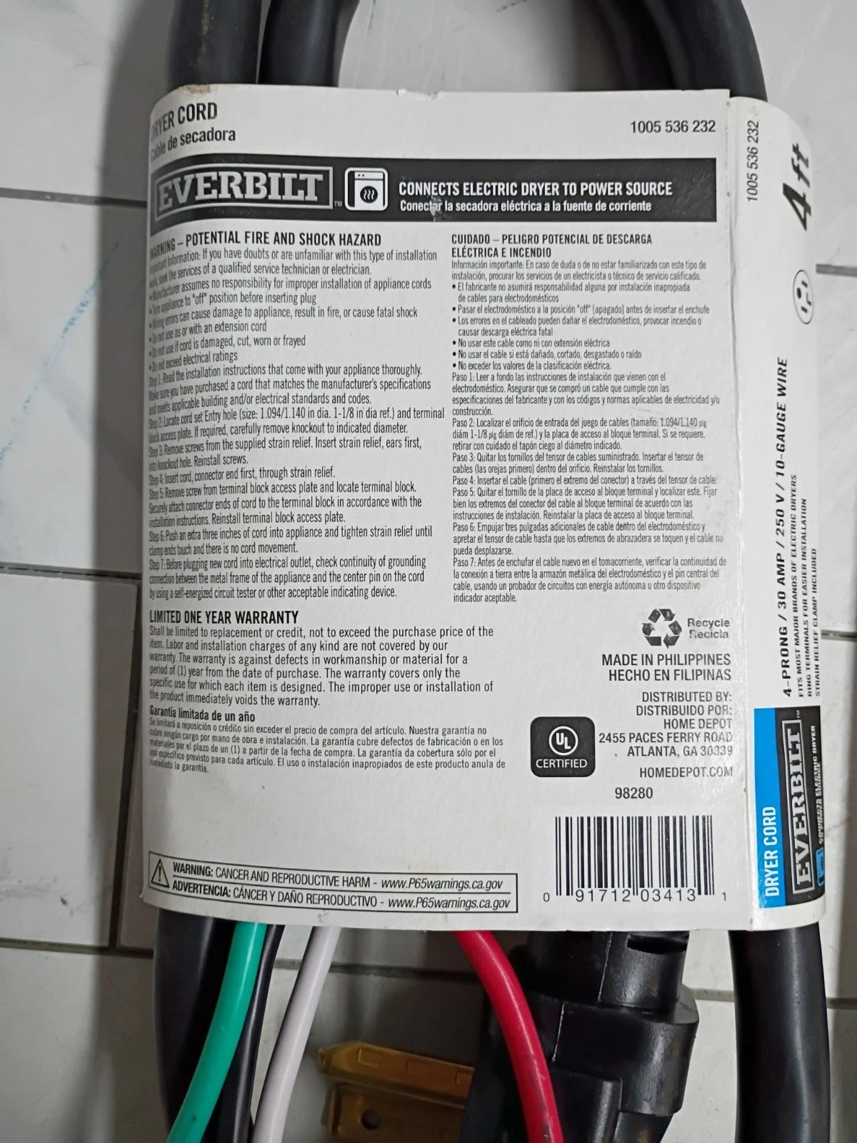 3pk Everbilt 4-prong 30 Amp 4 Foot Dryer Cord Open Box