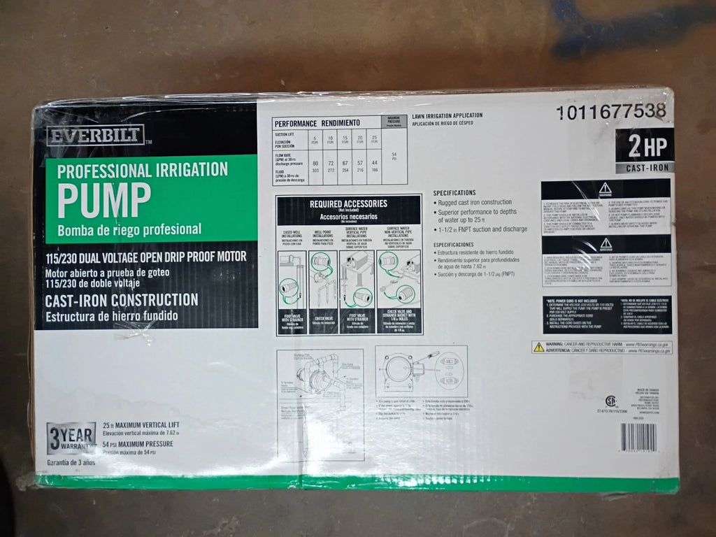 EVERBILT HDLS20 Professional Irrigation Pump Cast Iron 2HP NEW OPEN BOX