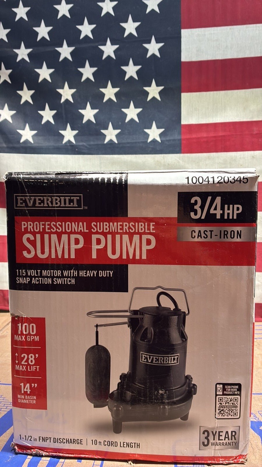 Everbilt HDS75 3/4HP Cast-Iron Pro-Grade Submersible Sump Pump New Open Box.