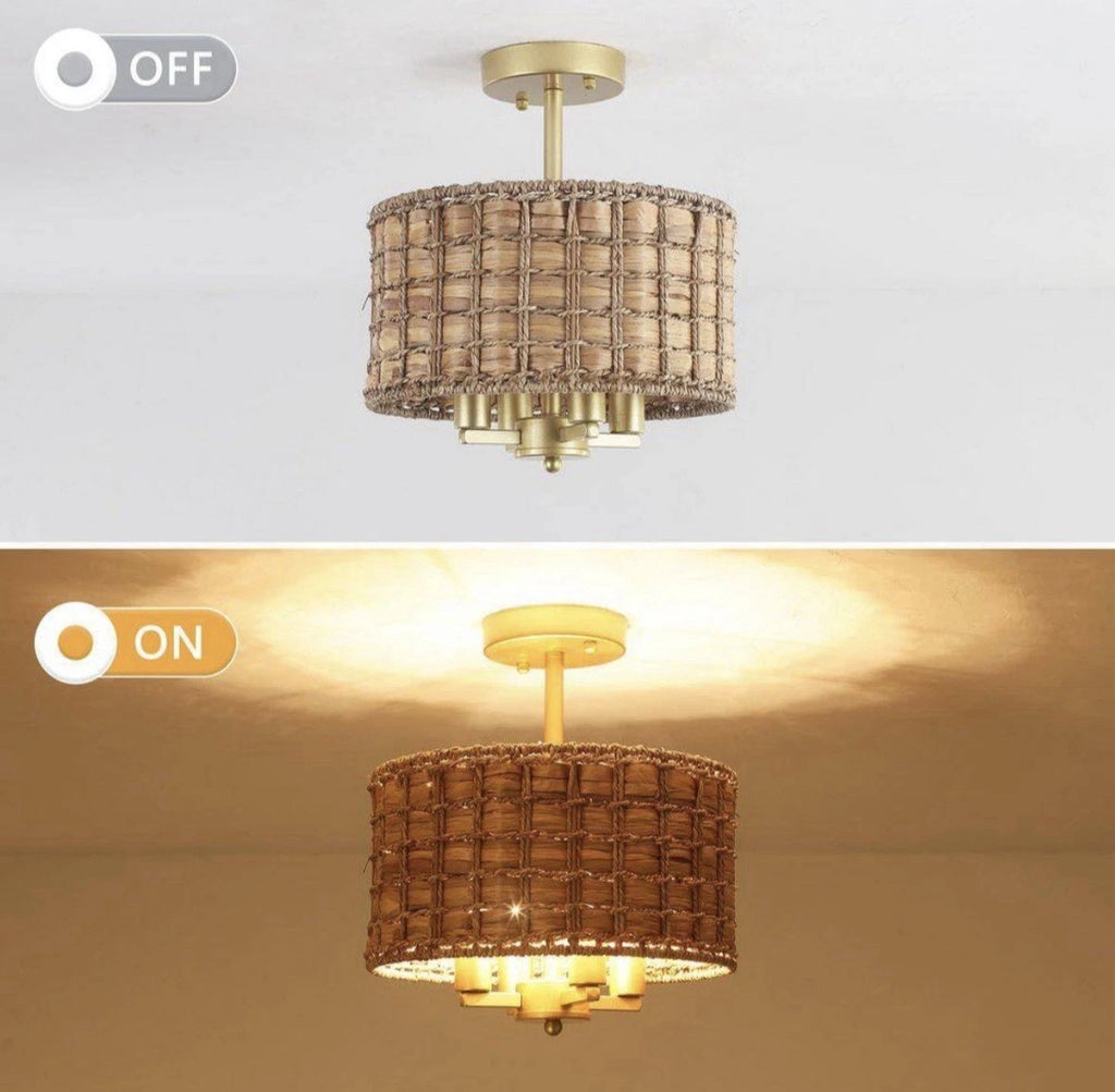 ETONIMERR Scrow 4-light 12 In. Gold Bohemian Drum Pendant Light With Hand Wov…