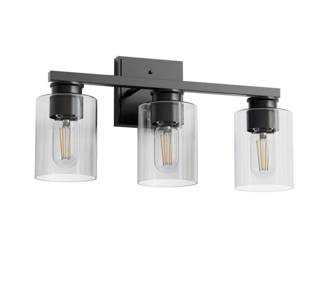 Briignite 18 in. 3-Light Black Vanity Light with Cylinder Clear Glass Shades…