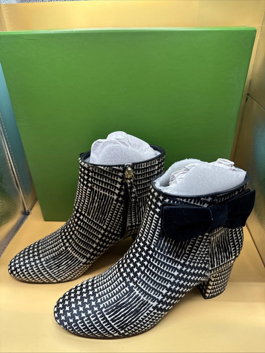 Kate Spade Holly Houndstooth Black White Bow Block Heel Ankle Boots size 7M