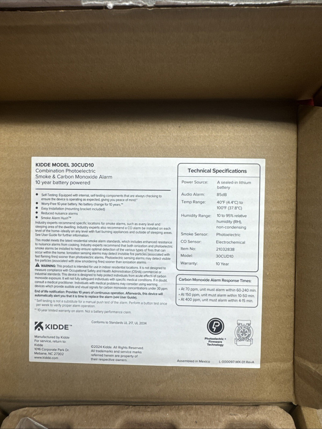 Kidde Smoke & CO Detector, 10-Year Battery, LED Warning Indicators 30CUD10,
