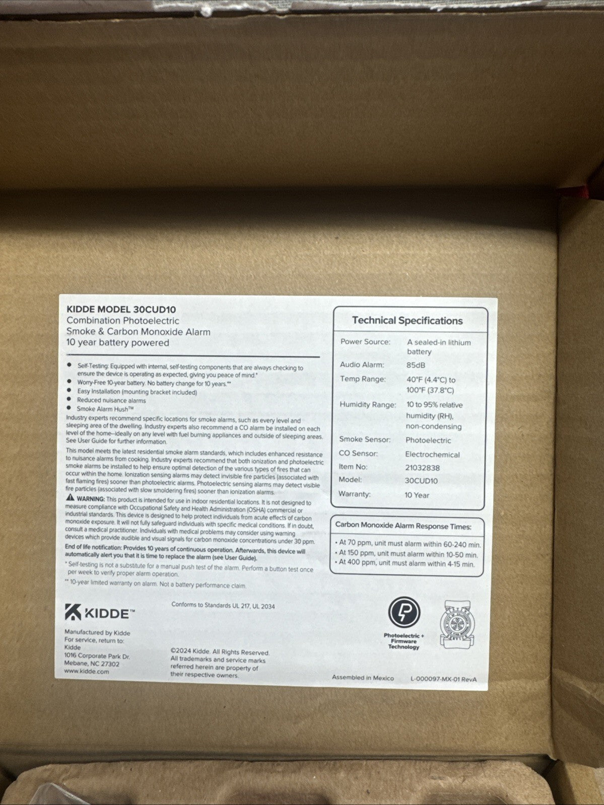 Kidde Smoke & CO Detector, 10-Year Battery, LED Warning Indicators 30CUD10,