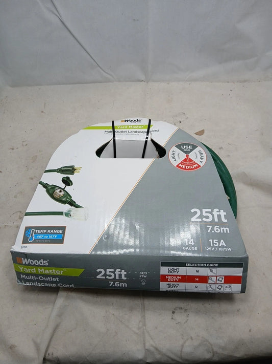 Woods 25 ft 14/3 Multi-Outlet Garden Outdoor Medium Duty Extension Cord Green OB