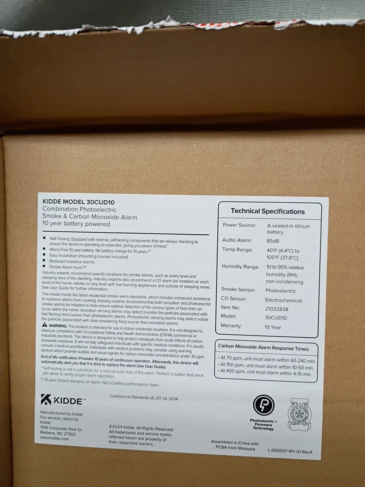 Kidde Smoke and CO Detector, 10-Year Battery, LED Warning Indicators 30CUD10,