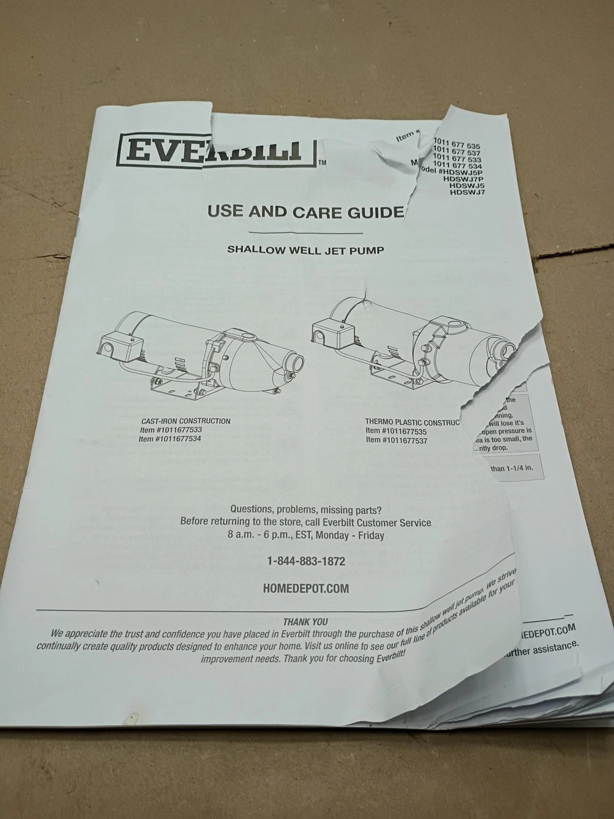 Everbilt 1011677535 1/2 HP Shallow Well Jet Pump New