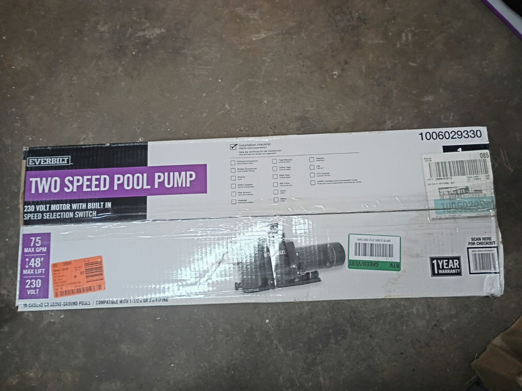 Everbilt SPP10002-2SP  1 HP Pool Pump  2 Speed 230V New Open Box **NO UNIONS**