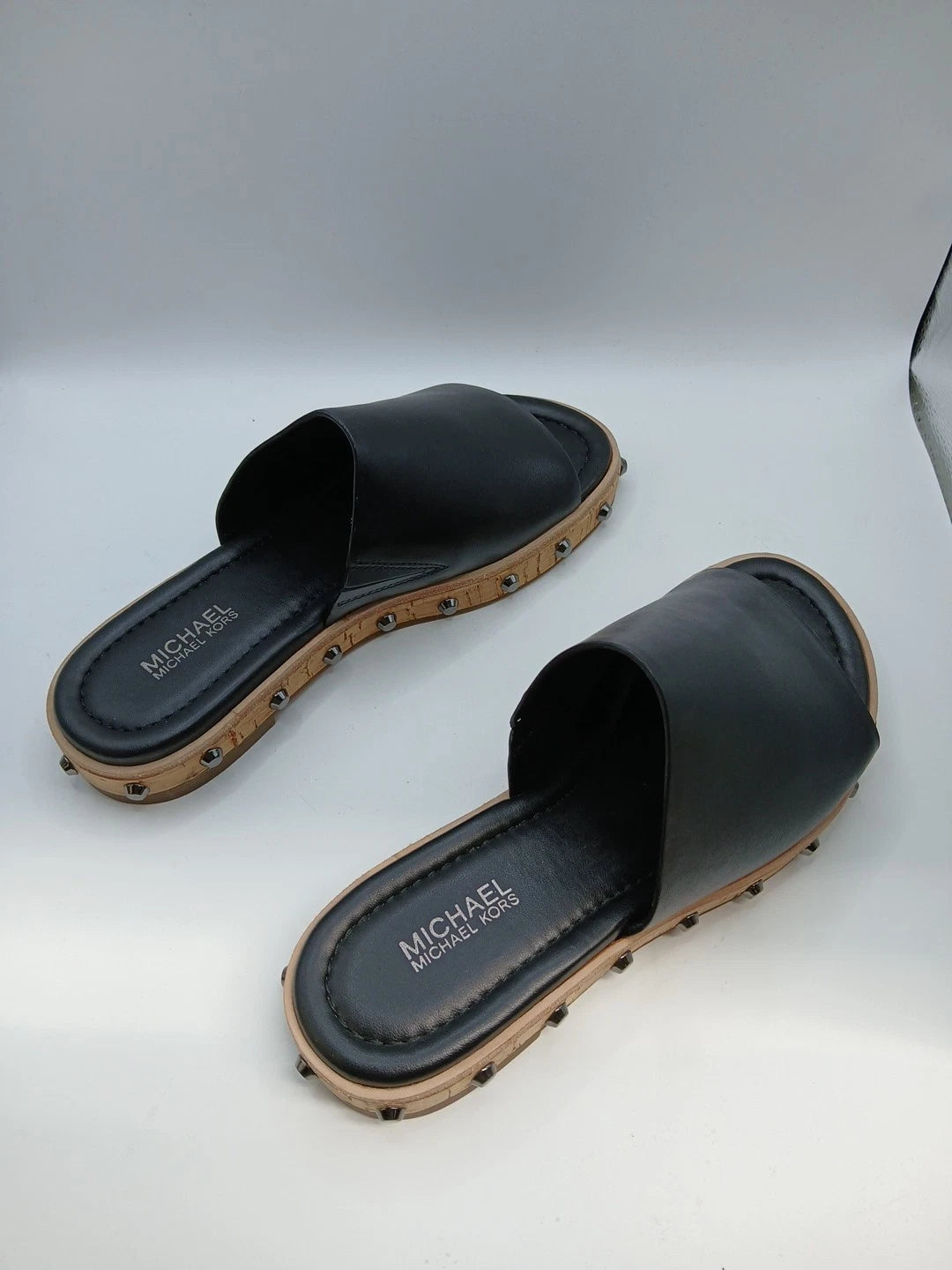 Michael Kors Ellen Slide Sandals Shoes Black Leather Rivets Accent Size 5M