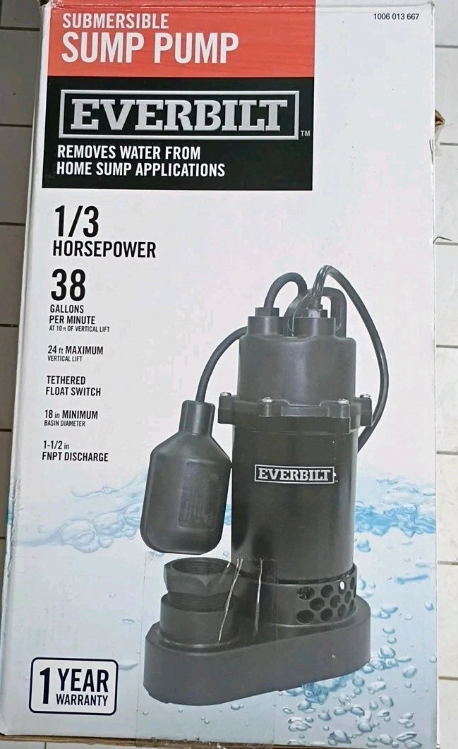 Everbilt 1/3 HP Corrosion Resistant Aluminum Sump Pump w/ Tether Switch Open Box