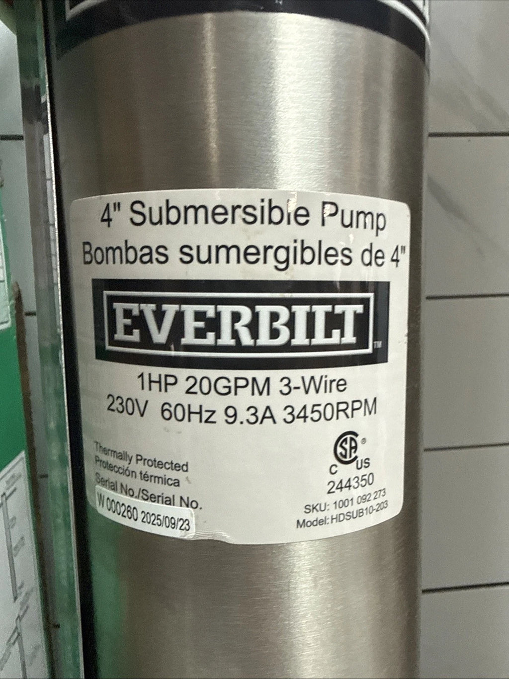 Everbilt 1HP Submersible 3-Wire 20GPM Well Pump HDSUB10-203 NEW OPEN BOX