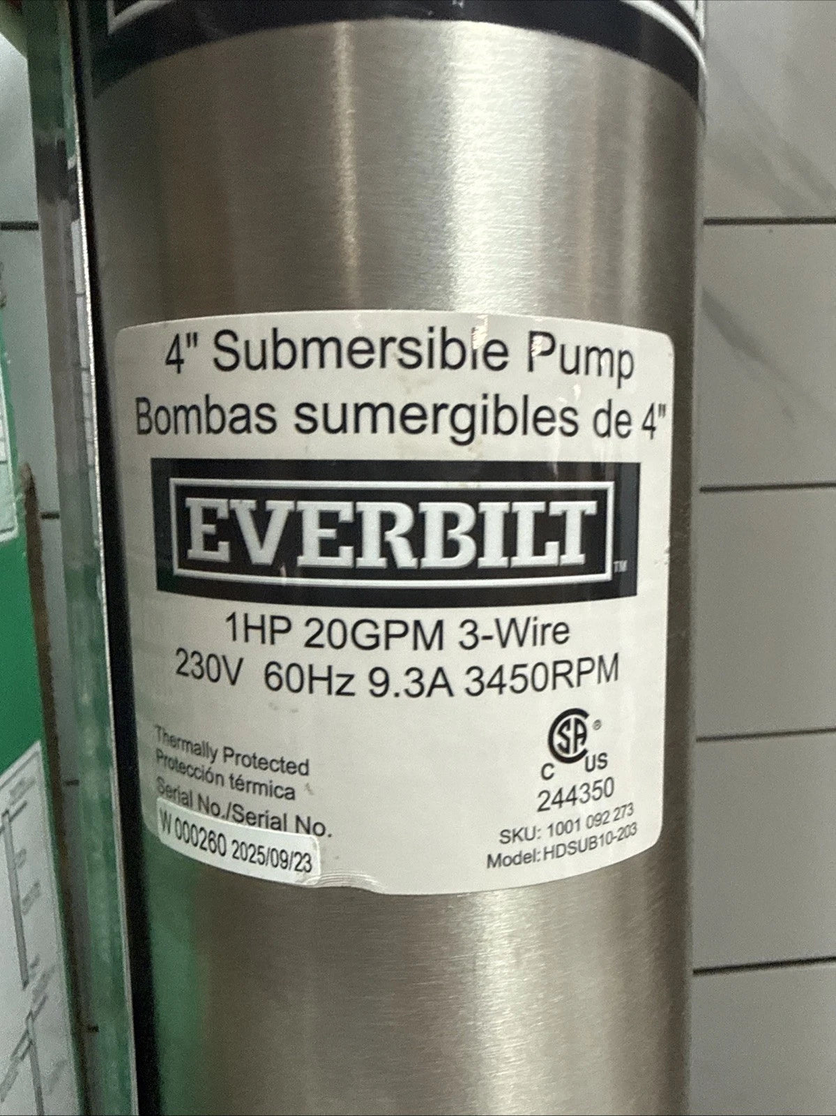 Everbilt 1HP Submersible 3-Wire 20GPM Well Pump HDSUB10-203 NEW OPEN BOX