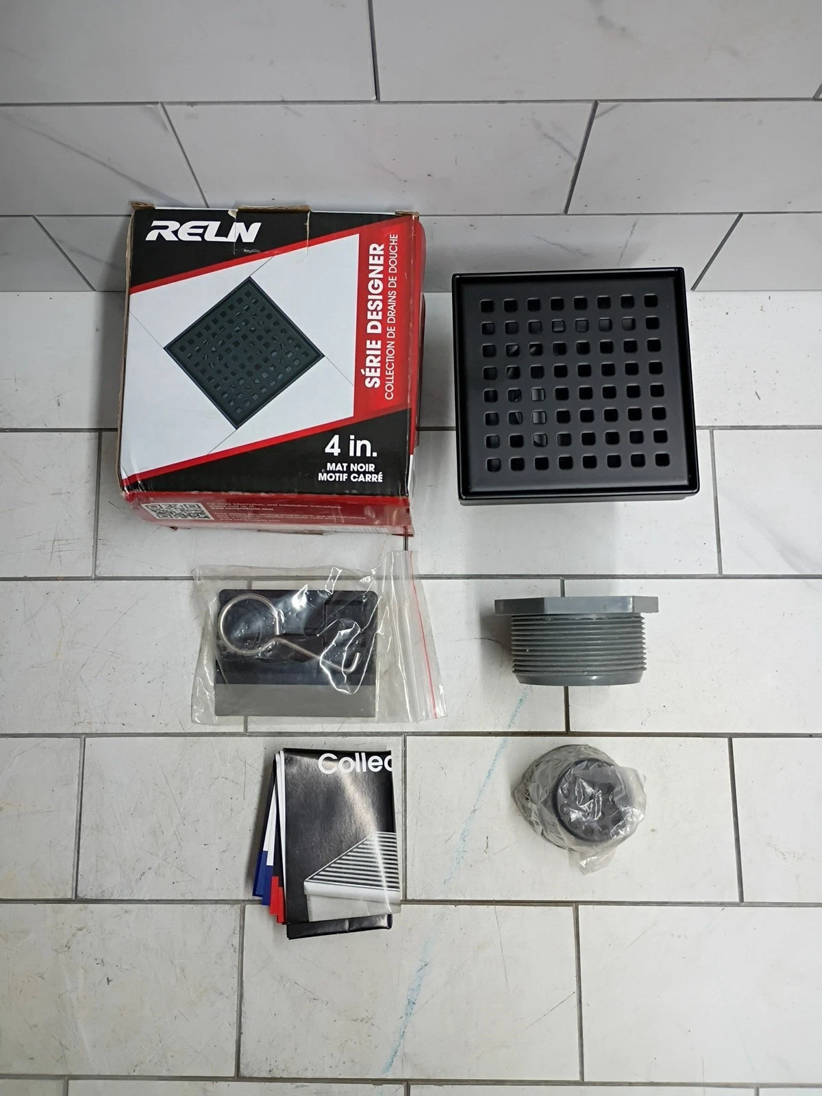 RELN 4" X 4" in Matte Black Square Shower Drain - Stainless Steel Modern OB